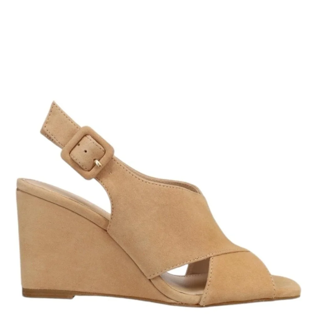 Pelle Moda Rina-Su Latte Suede Wedge Sandals Tan‎ Slingback Buckle Womens 9.5M